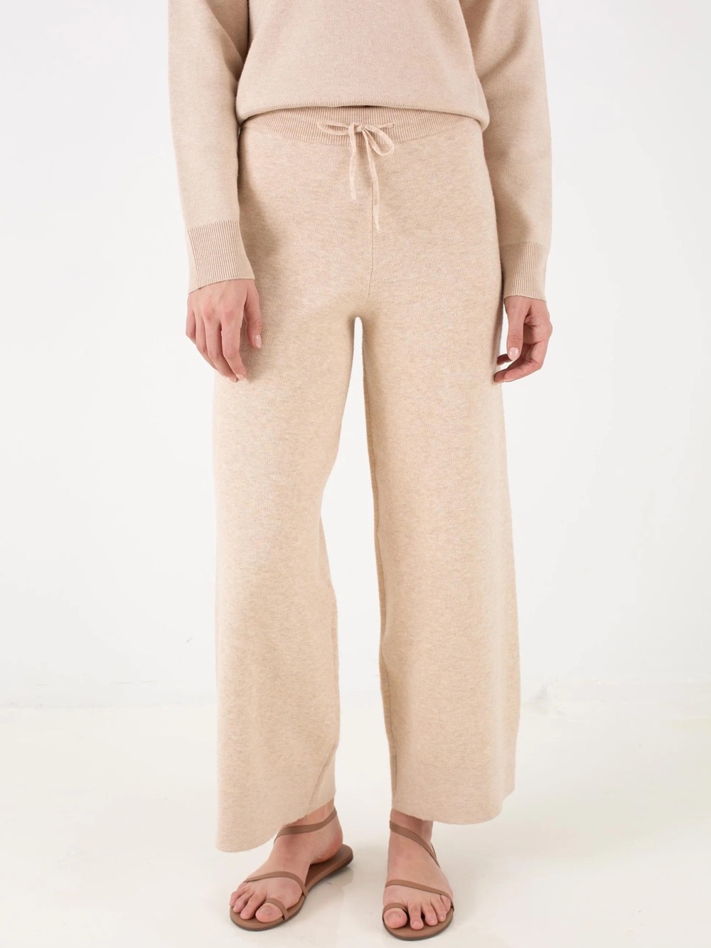 Cozy Wide-Leg Knit Pants in Light Beige